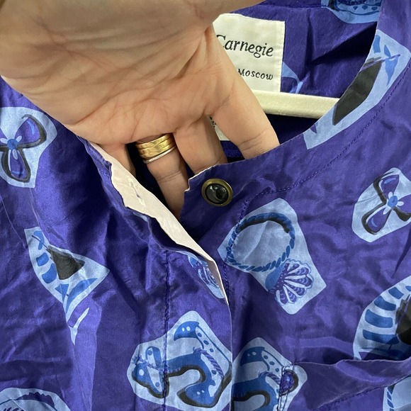 Vintage Hattie Carnegie Silk shirt Womens L short Sleeve Button Up purple Anchor - Picture 3 of 7